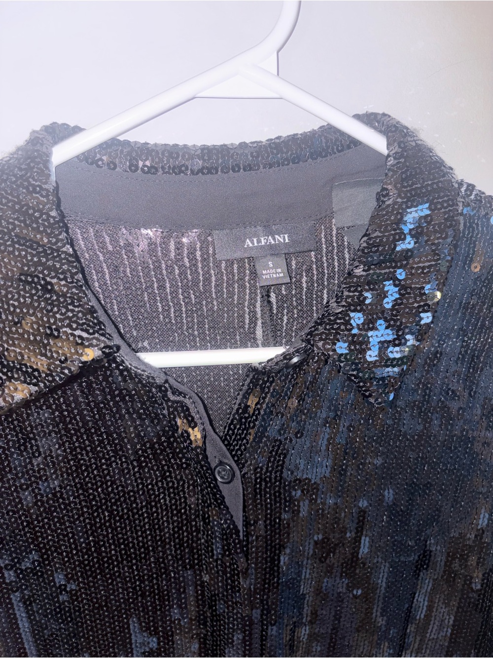 Alfani Black Sequin Collared Button-Down Top